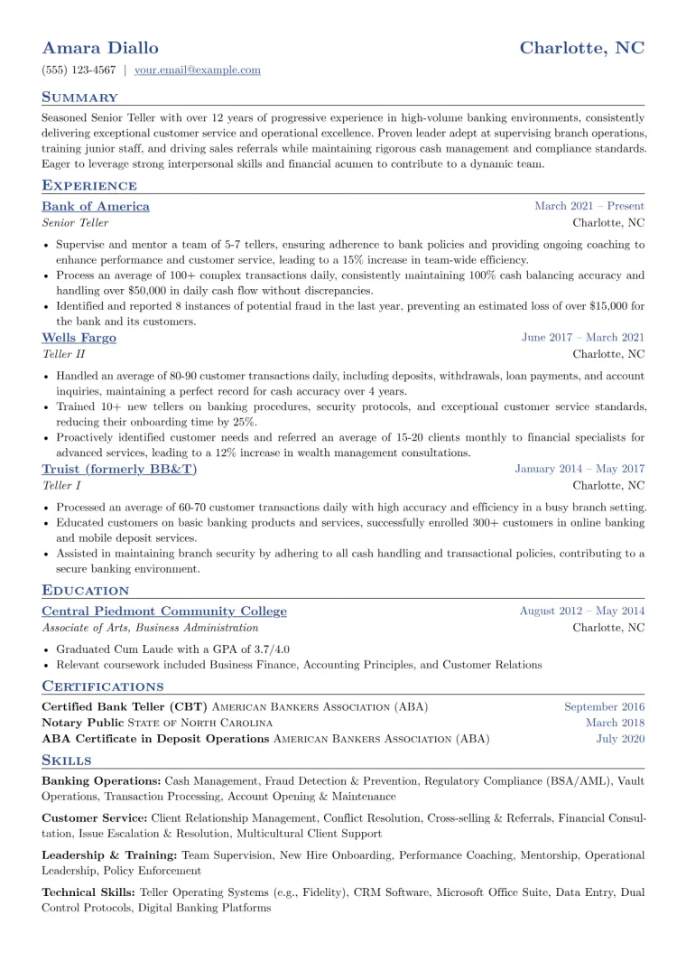 Senior Teller Resume Example CV template preview
