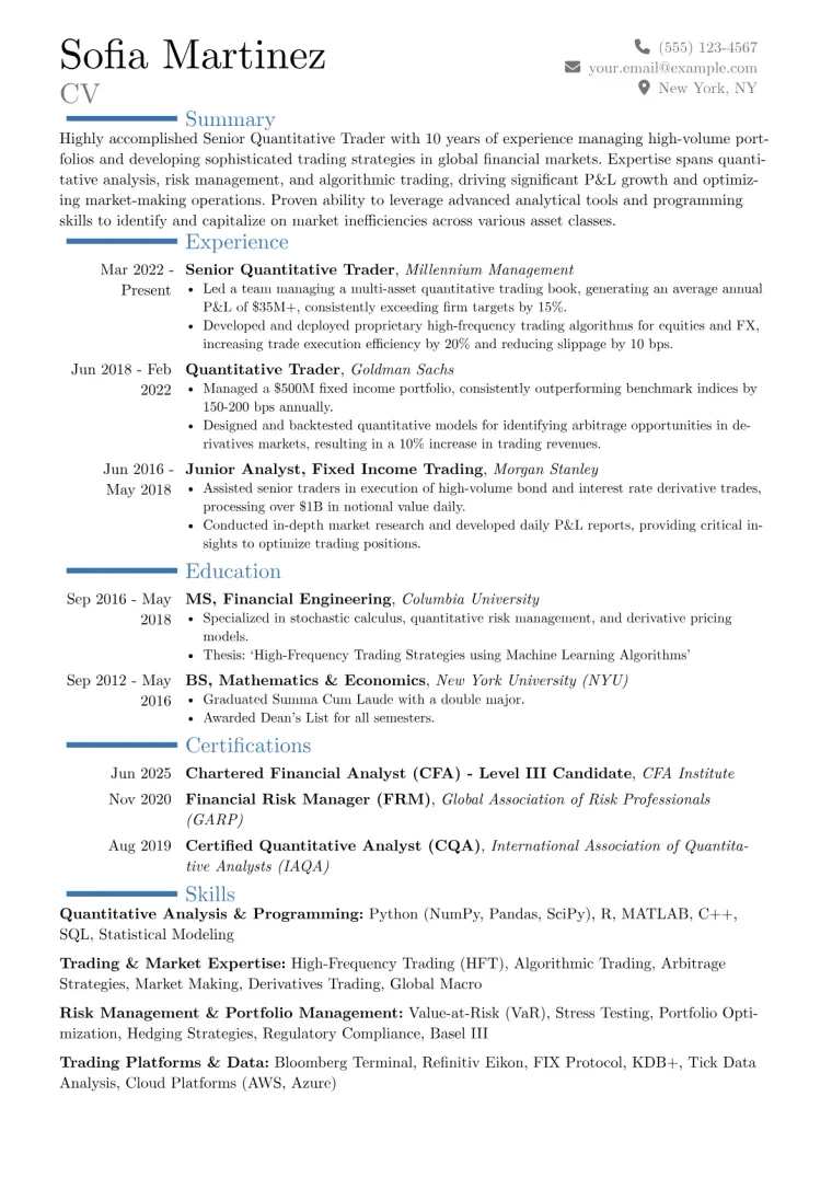 Senior Trader Resume Example preview