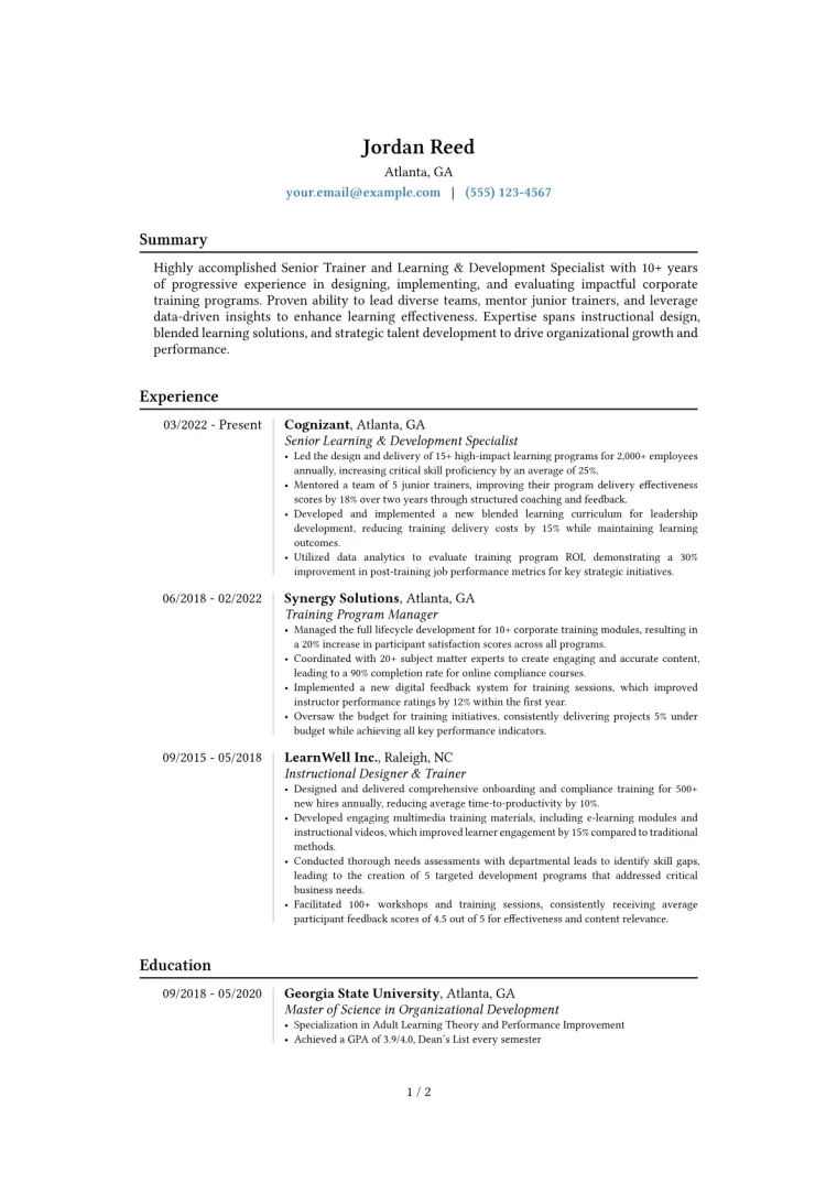 Senior Trainer Resume Example CV template preview