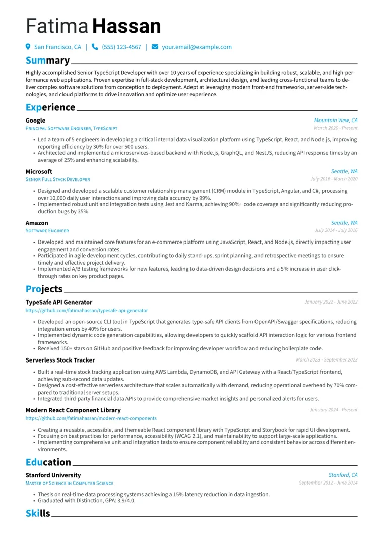 Senior TypeScript Developer Resume Example CV template preview