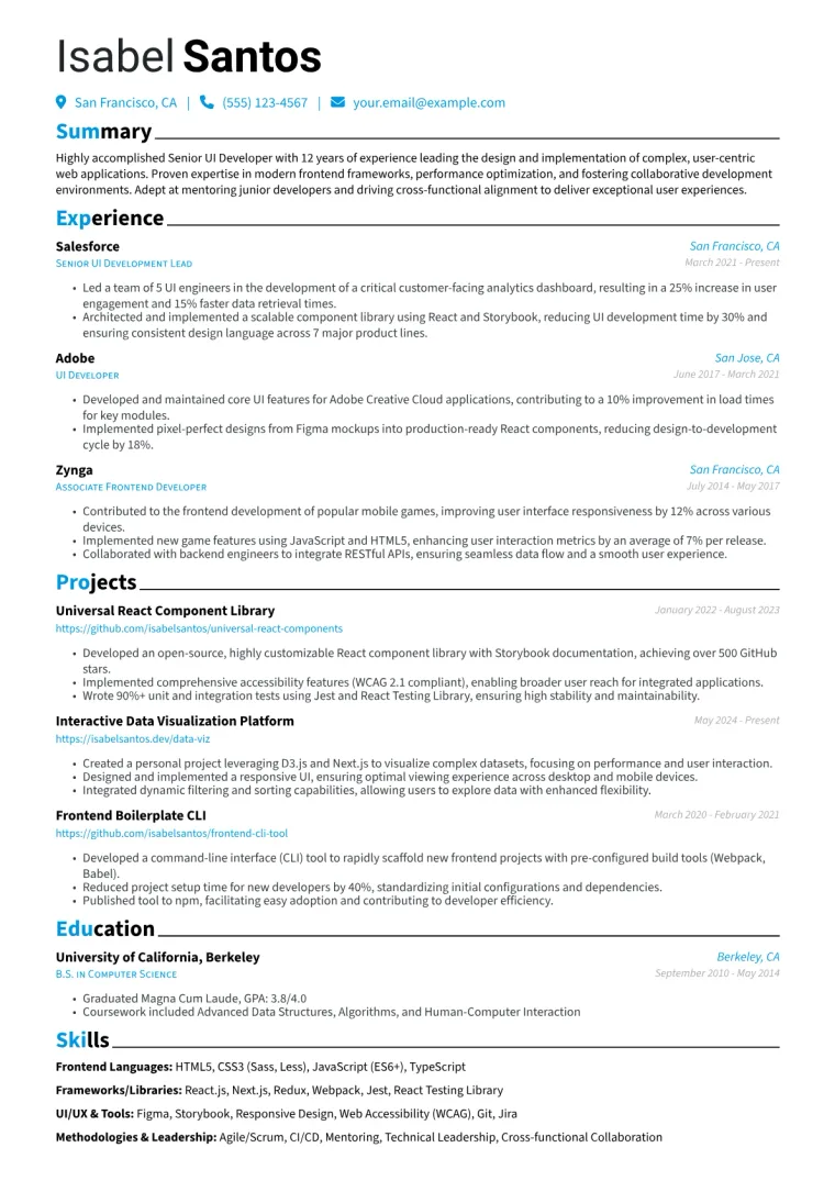Senior UI Developer Resume Example CV template preview