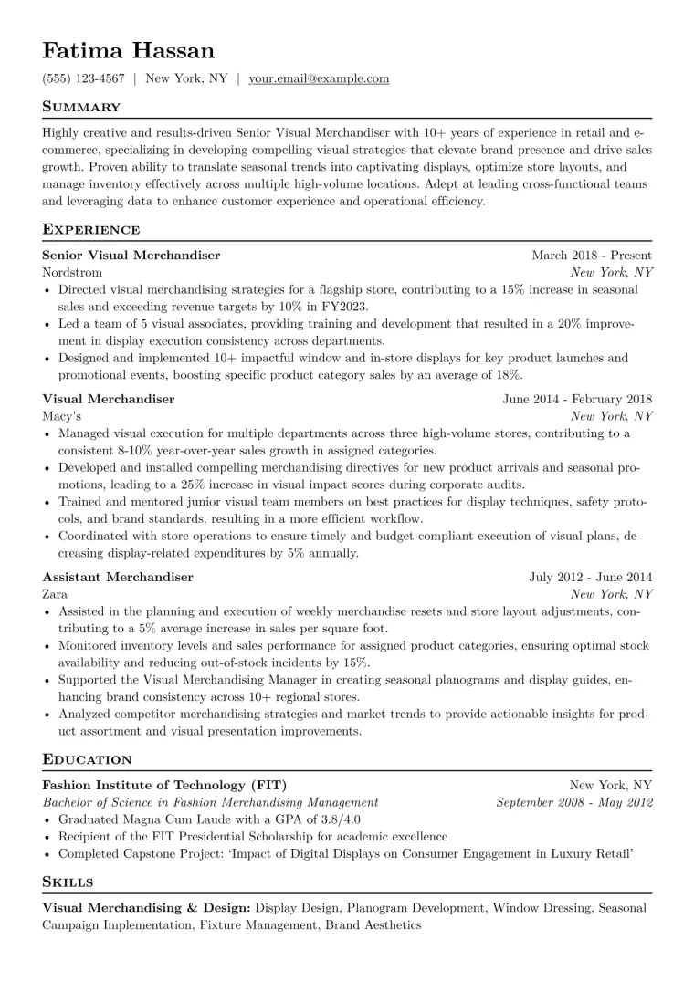 Senior Visual Merchandiser Resume Example CV template preview