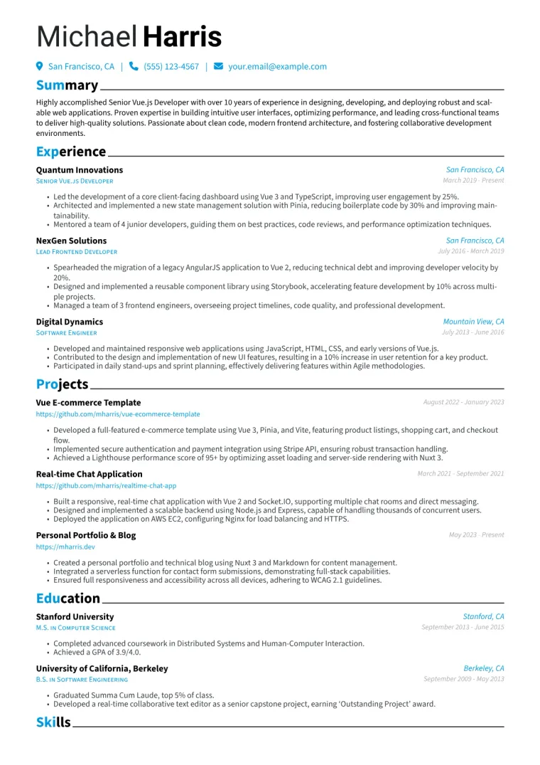 Senior Vue.js Developer Resume Example CV template preview
