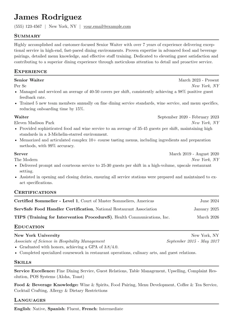 Senior Waiter Resume Example CV template preview