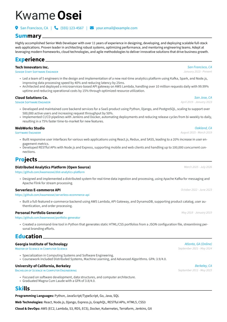 Senior Web Developer Resume Example preview