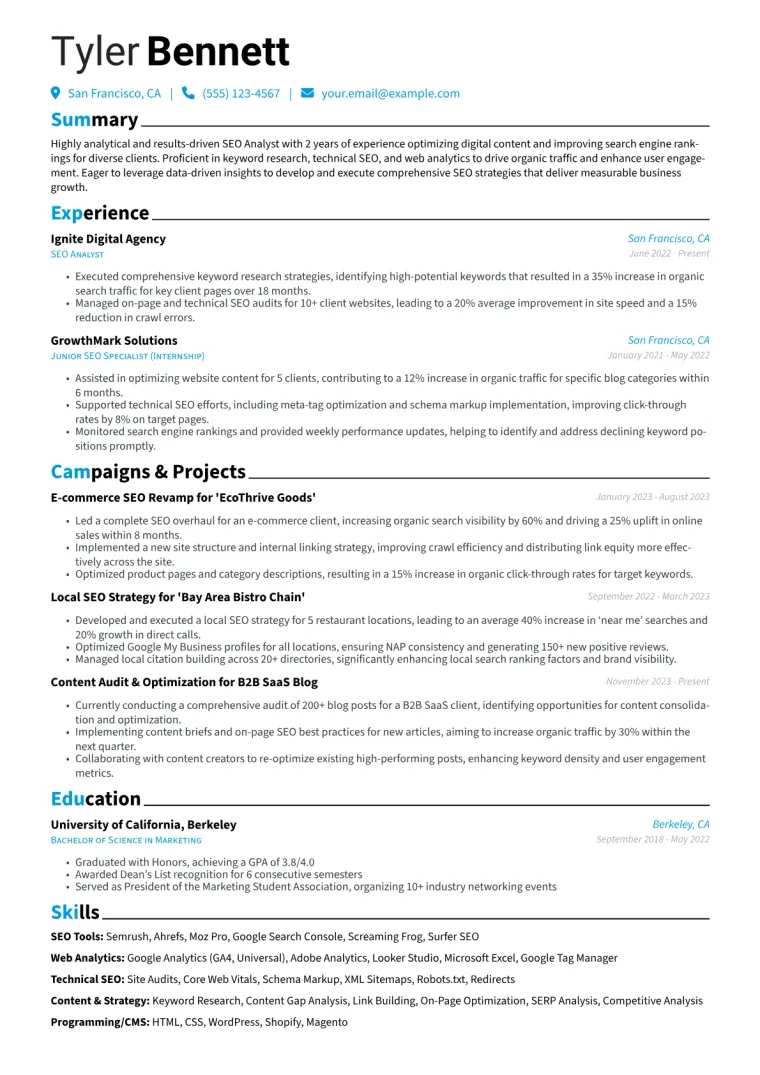 SEO Analyst Resume Example CV template preview