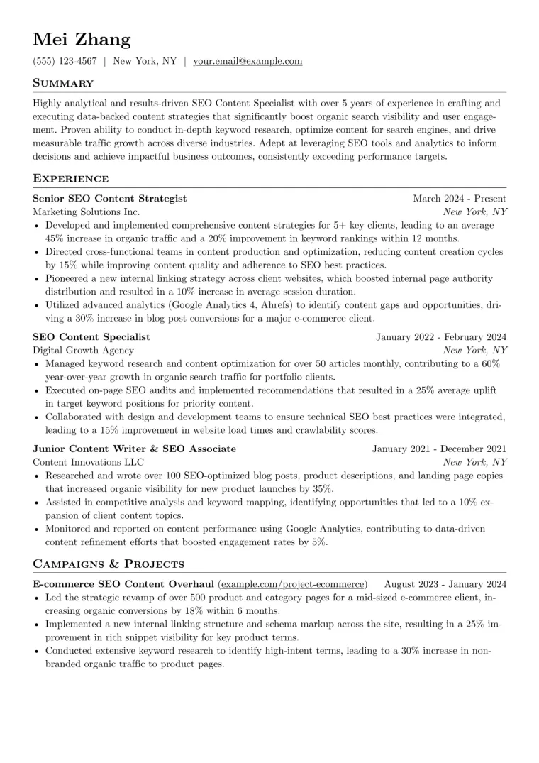 SEO Content Specialist Resume Example preview
