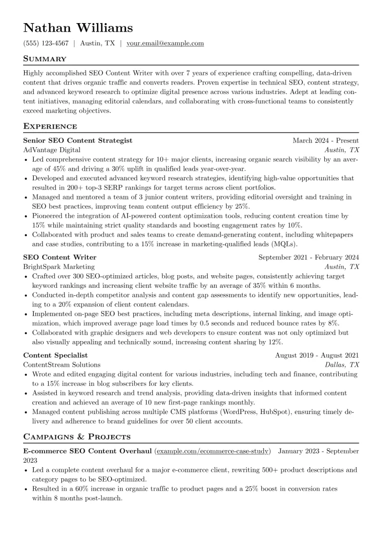 SEO Content Writer Resume Example preview