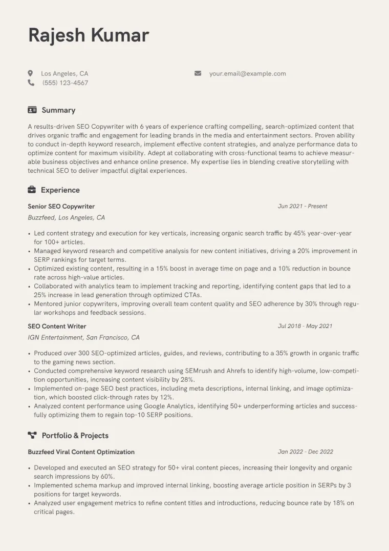 SEO Copywriter Resume Example CV template preview