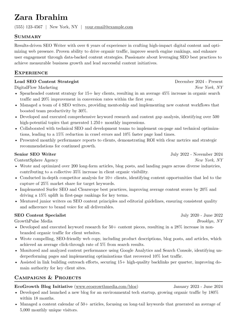SEO Writer Resume Example preview