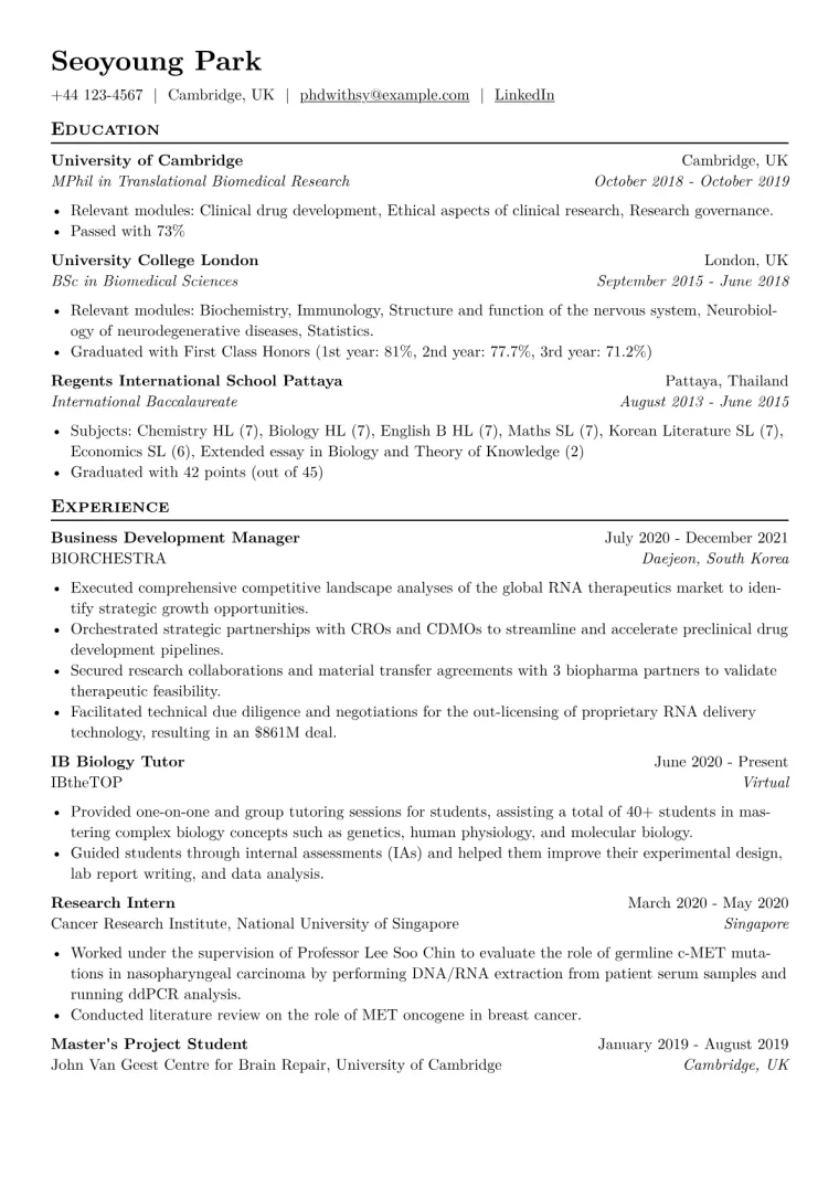 PhD - Medical Science CV template preview