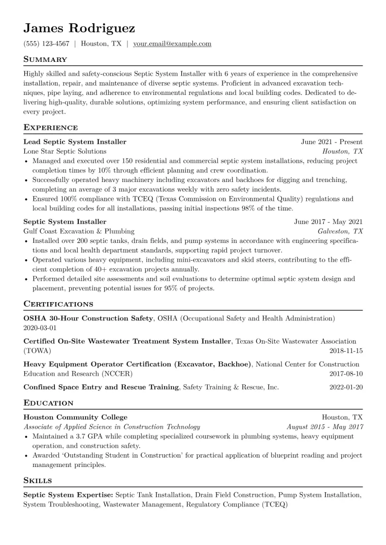 Septic System Installer Resume Example CV template preview