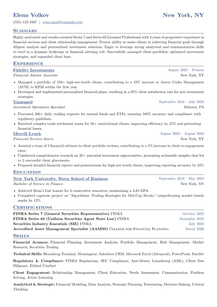 Series 7 Licensed Professional Resume Example CV template preview