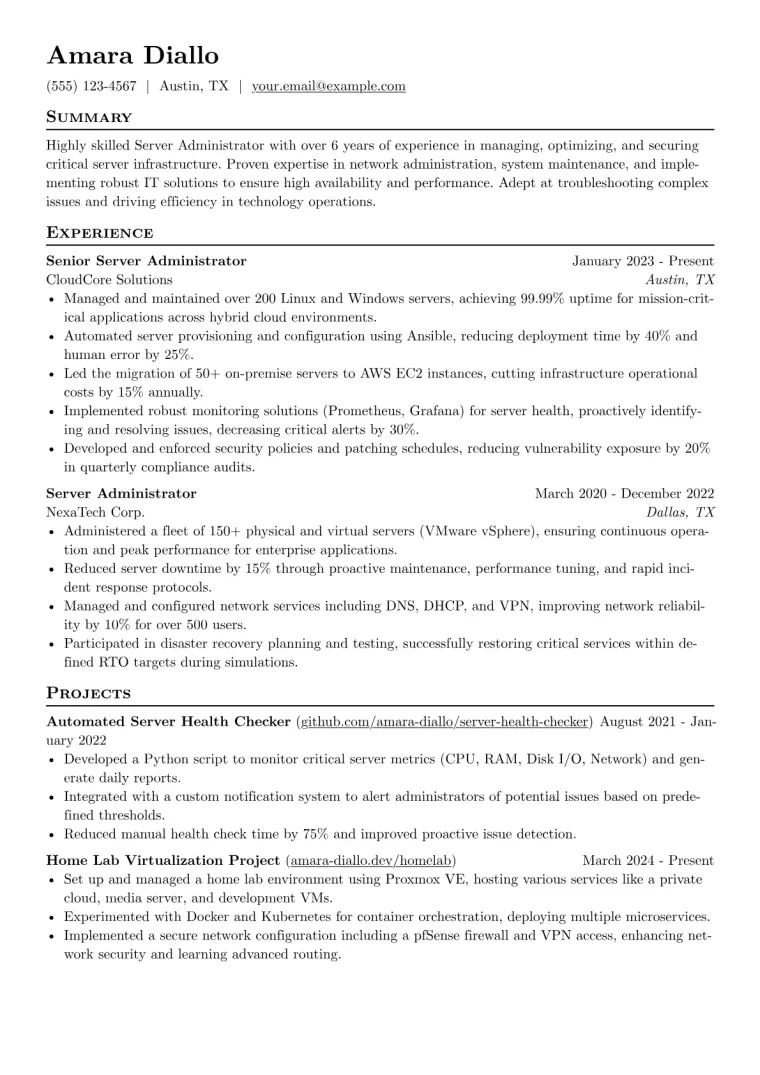 Server Administrator Resume Example CV template preview