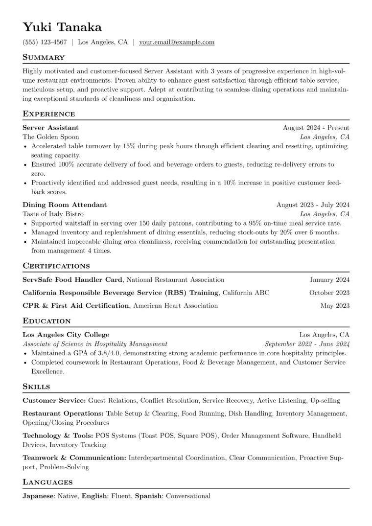 Server Assistant Resume Example preview