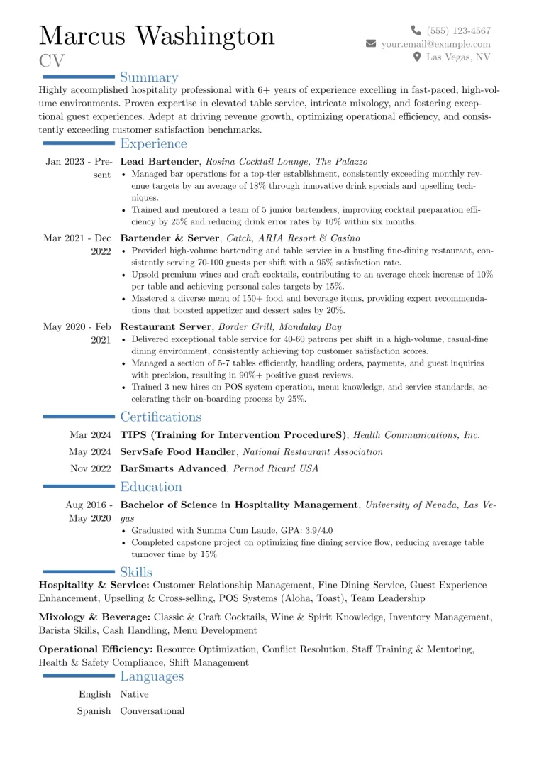Server Bartender Resume Example CV template preview