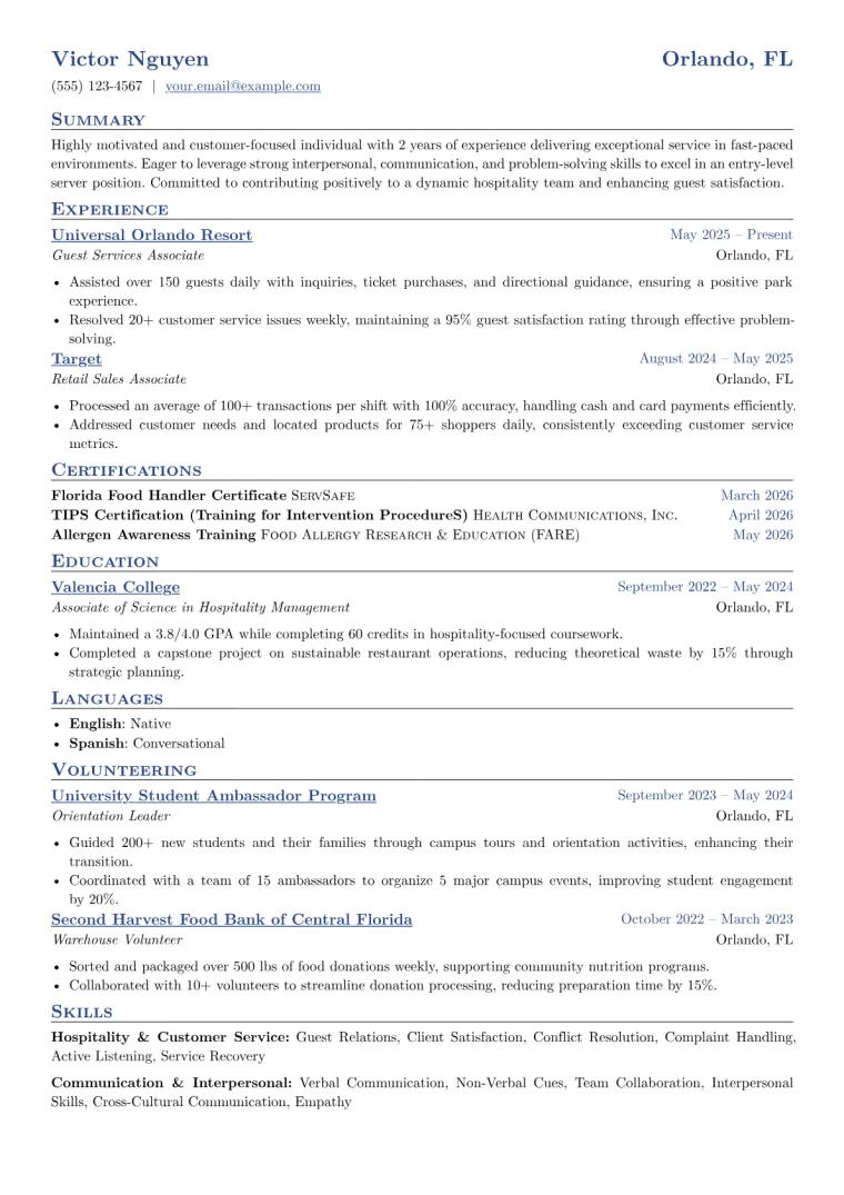 Server No Experience Resume Example CV template preview