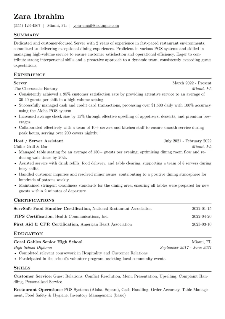 Server Resume Example CV template preview