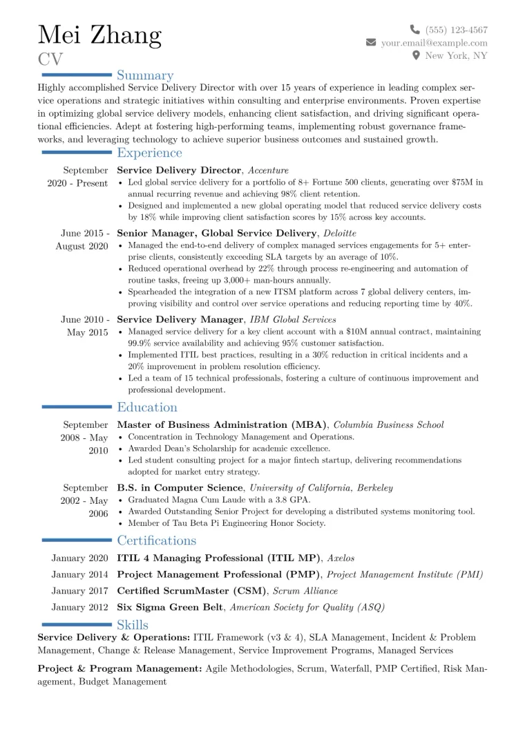 Service Delivery Director Resume Example CV template preview