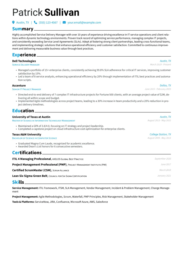 Service Delivery Manager Resume Example CV template preview