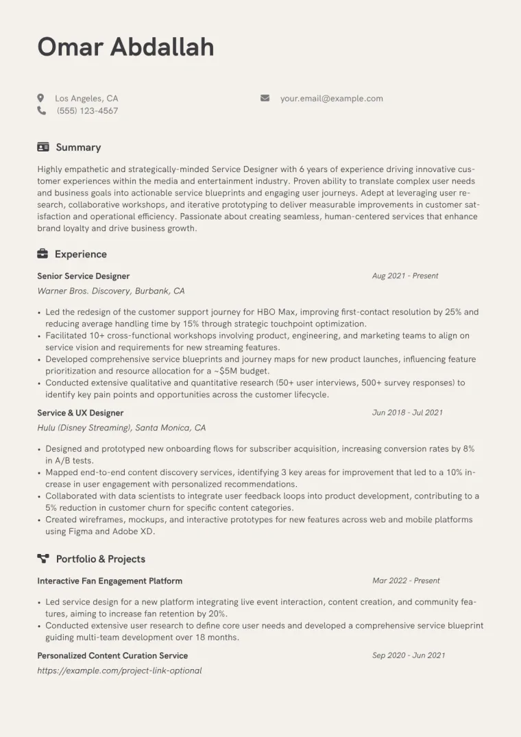 Service Designer Resume Example CV template preview