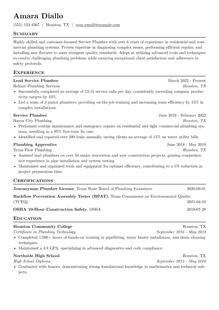 Service Plumber Resume Example CV template preview