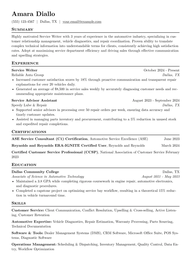 Service Writer Resume Example preview