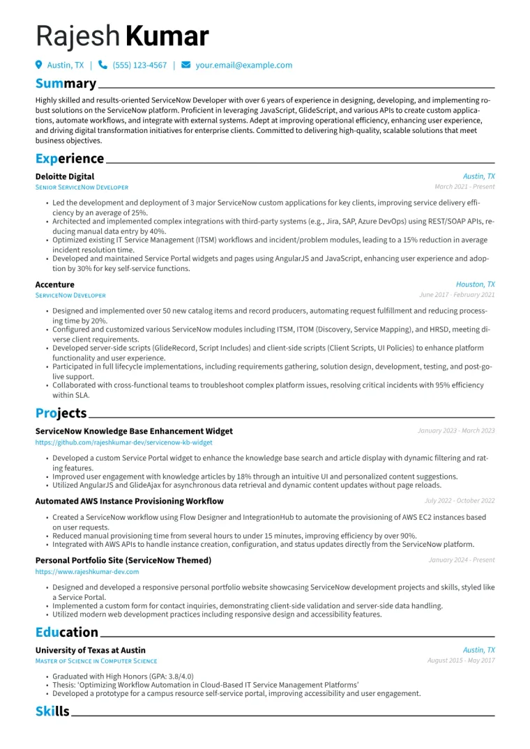 ServiceNow Developer Resume Example CV template preview