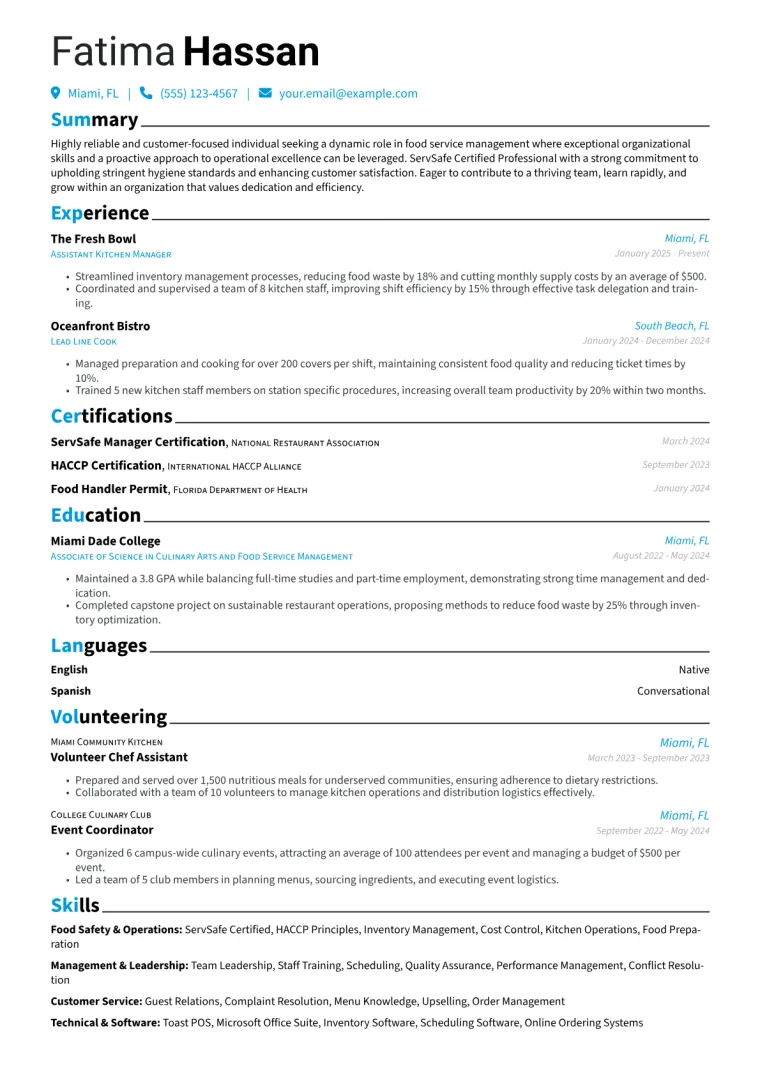 ServSafe Certified Professional Resume Example CV template preview