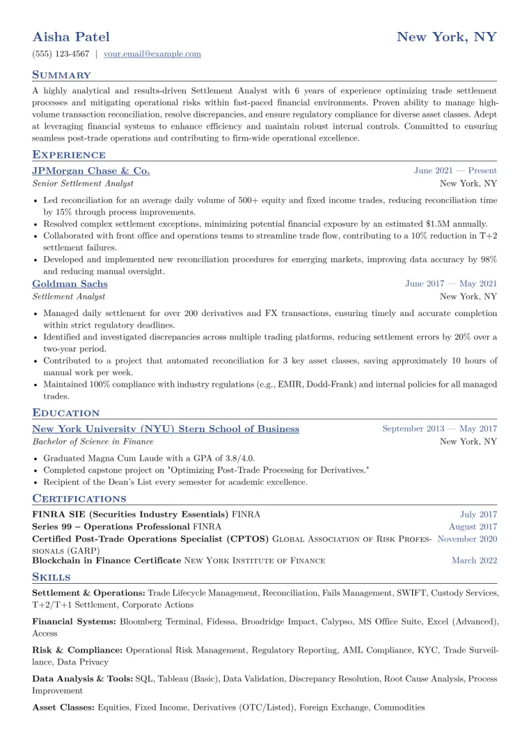Settlement Analyst Resume Example CV template preview