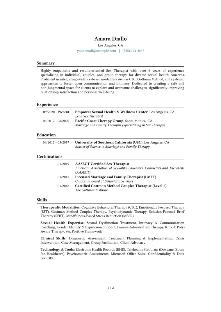 Sex Therapist Resume Example CV template preview