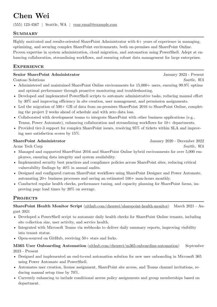 SharePoint Administrator Resume Example CV template preview