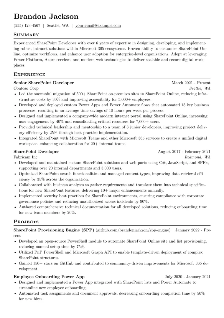 SharePoint Developer Resume Example CV template preview