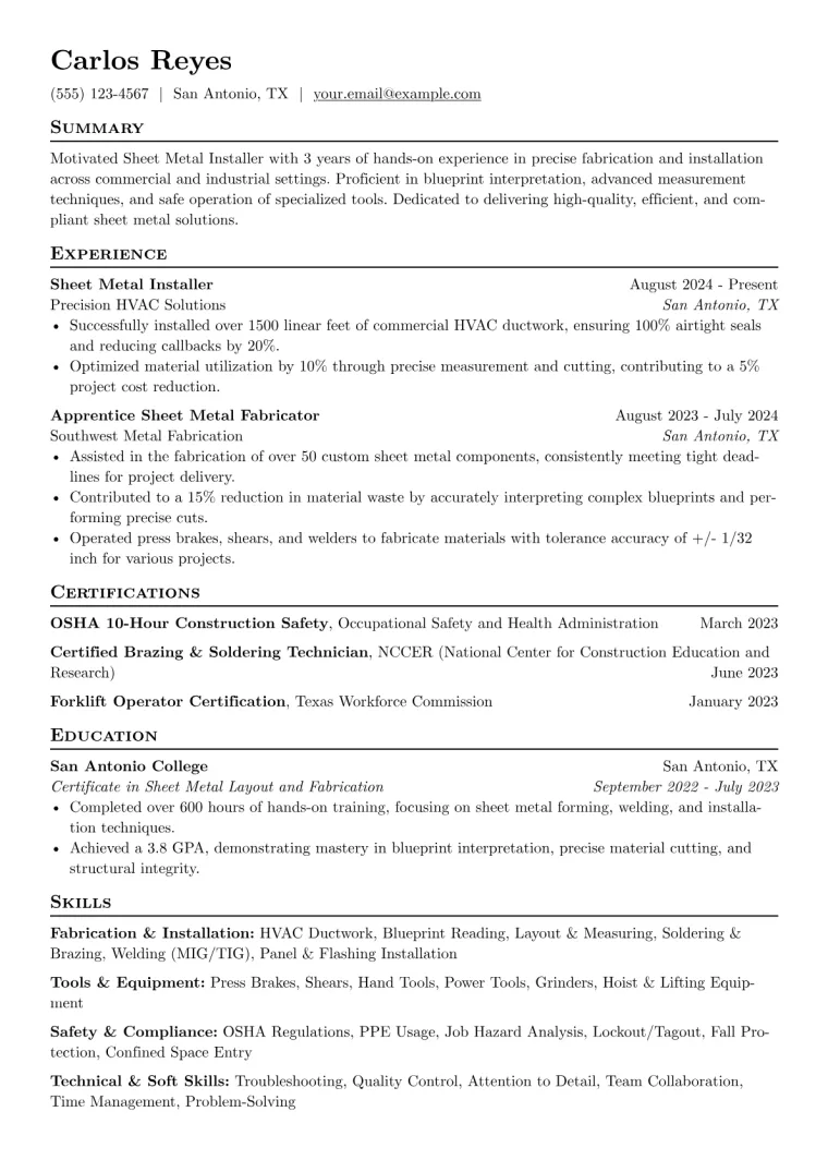 Sheet Metal Installer Resume Example preview