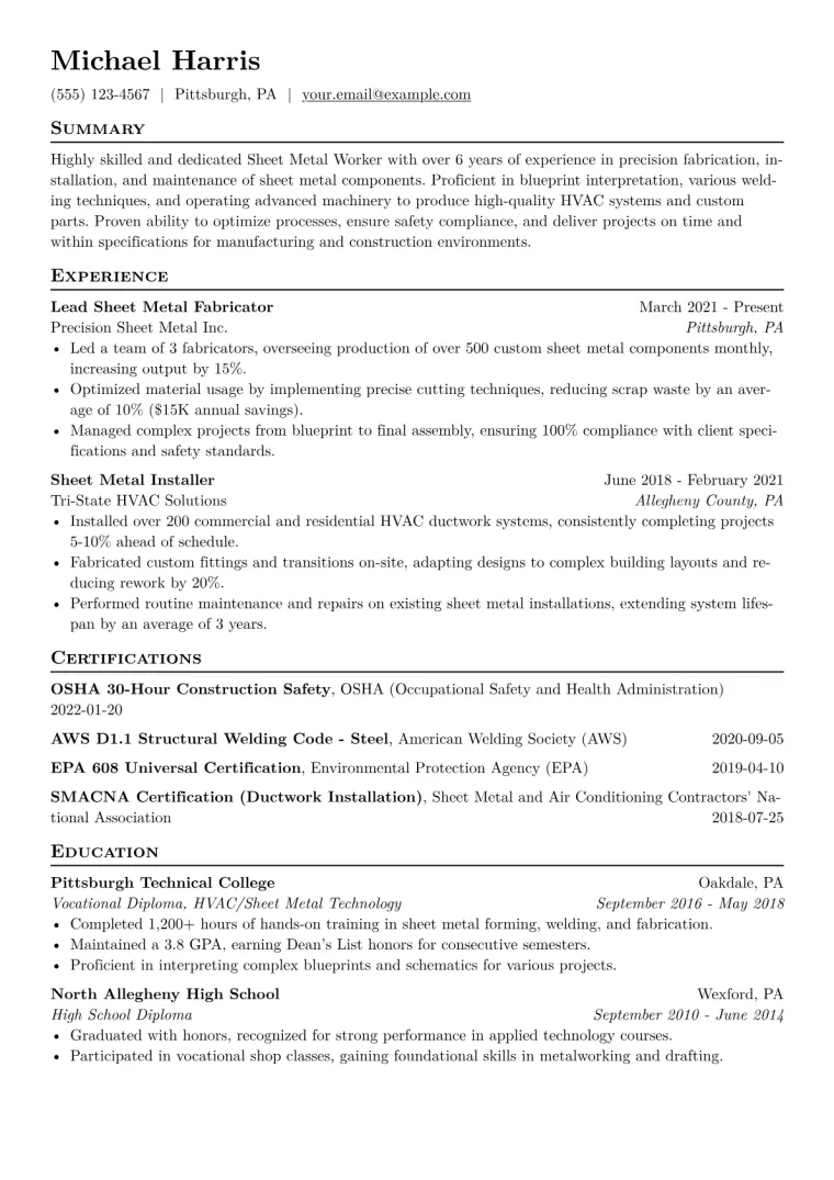 Sheet Metal Worker Resume Example CV template preview