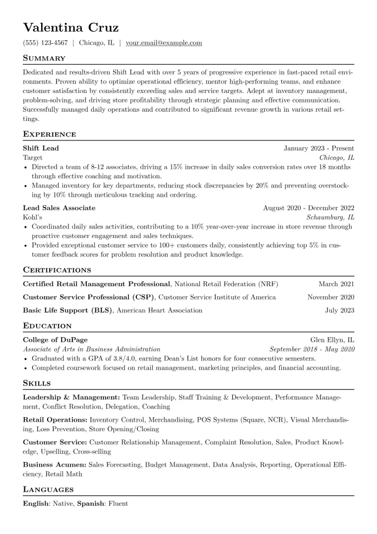 Shift Lead Resume Example CV template preview