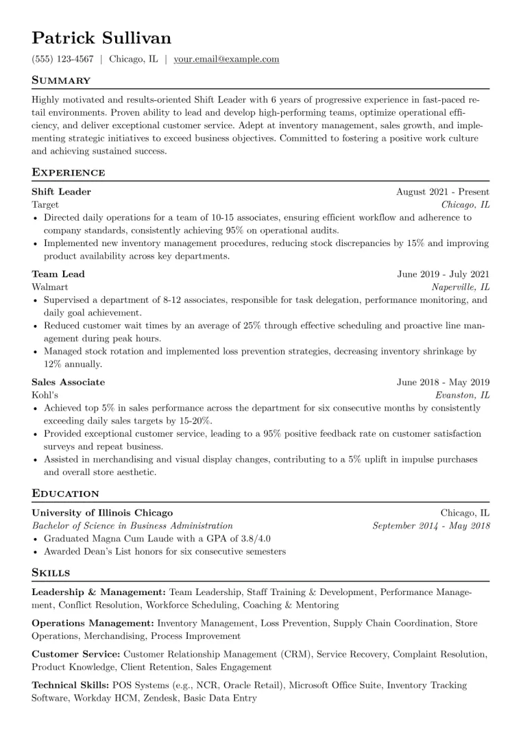 Shift Leader Resume Example CV template preview