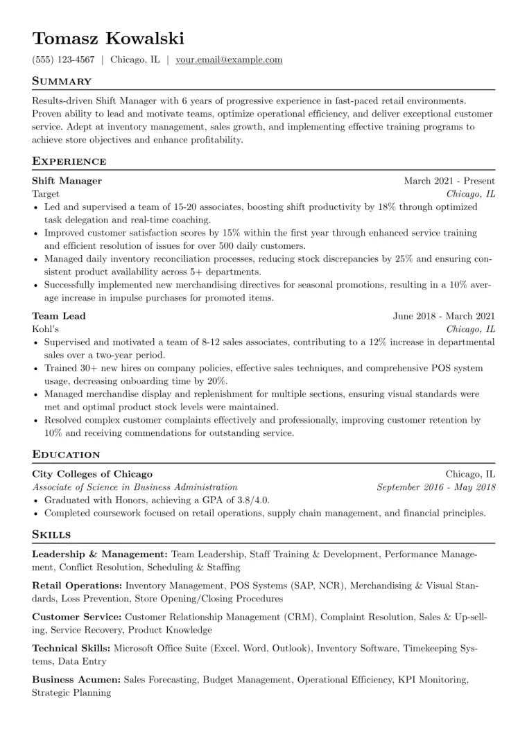 Shift Manager Resume Example CV template preview