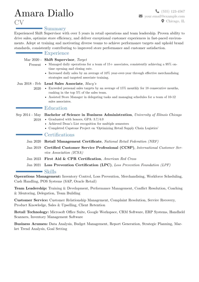 Shift Supervisor Resume Example CV template preview