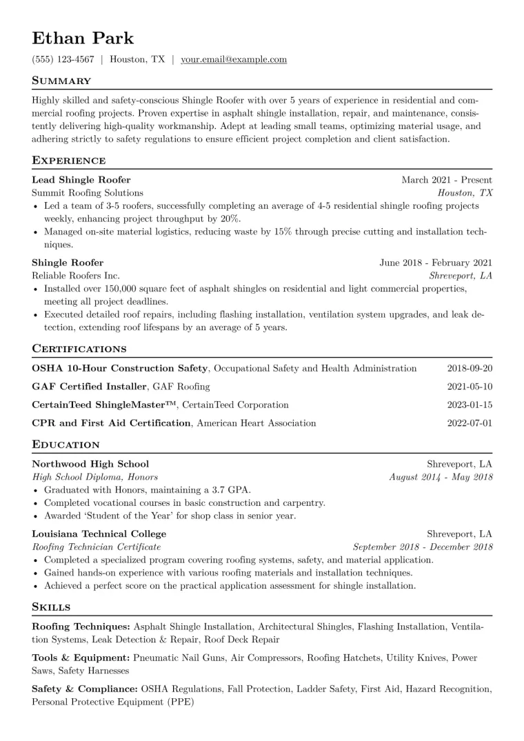 Shingle Roofer Resume Example CV template preview