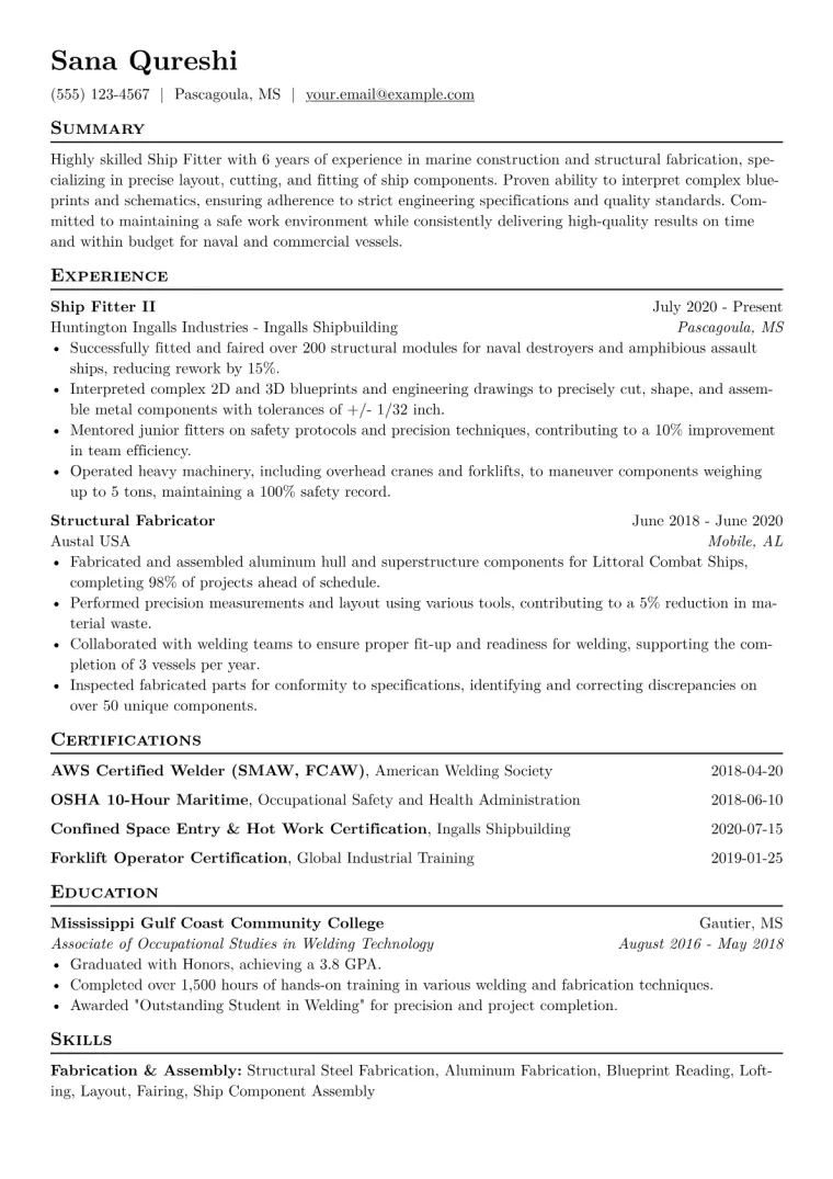 Ship Fitter Resume Example CV template preview