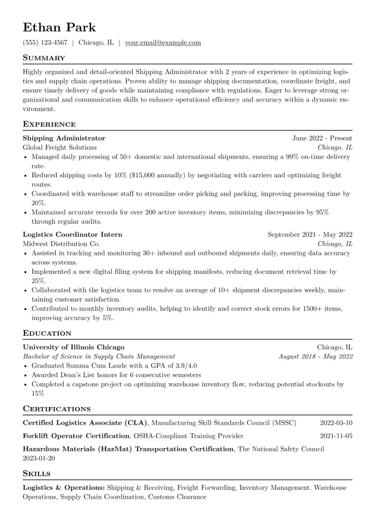 Shipping Administrator Resume Example CV template preview