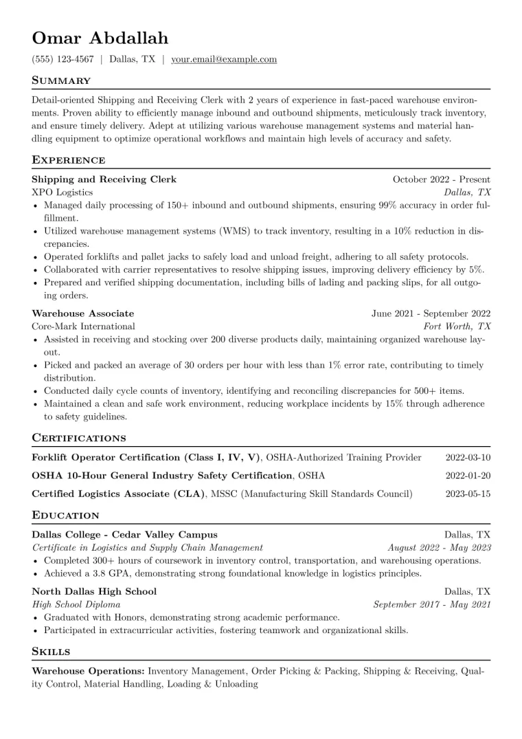 Shipping and Receiving Clerk Resume Example CV template preview