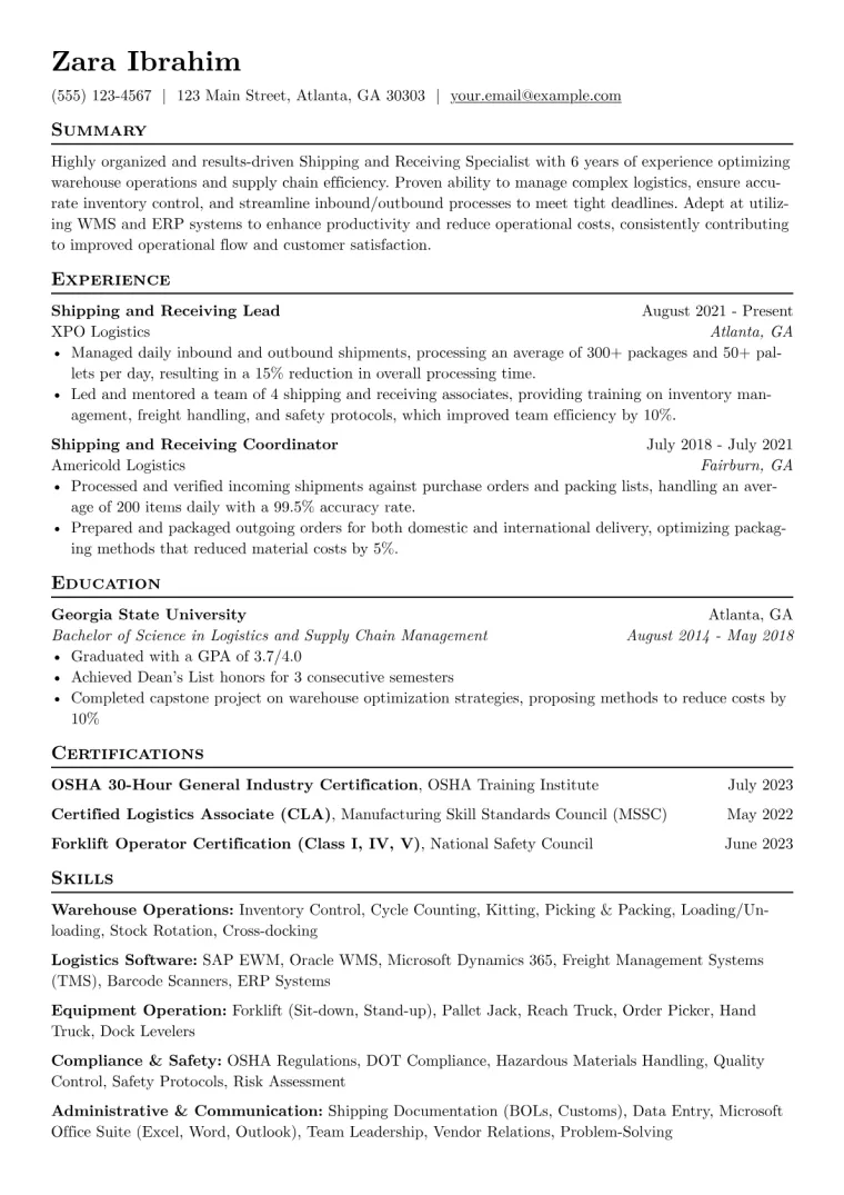 Shipping and Receiving Resume Example CV template preview