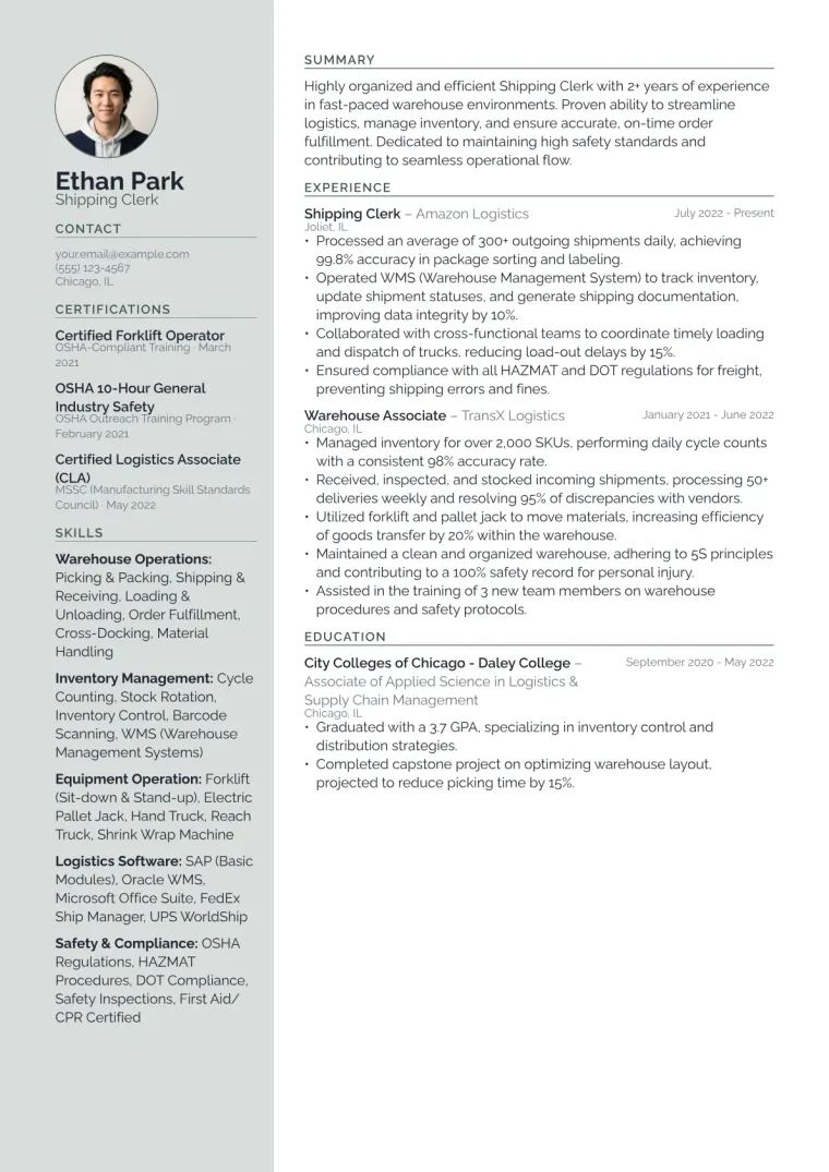 Shipping Clerk Resume Example CV template preview