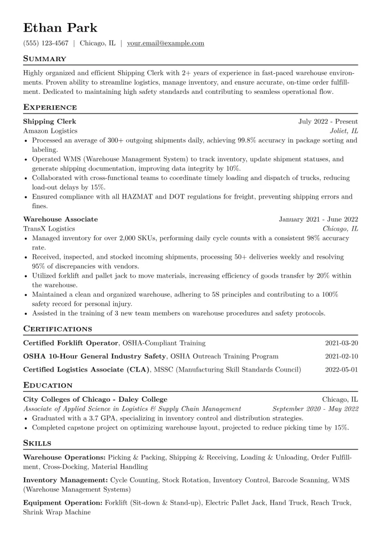 Shipping Clerk Resume Example CV template preview