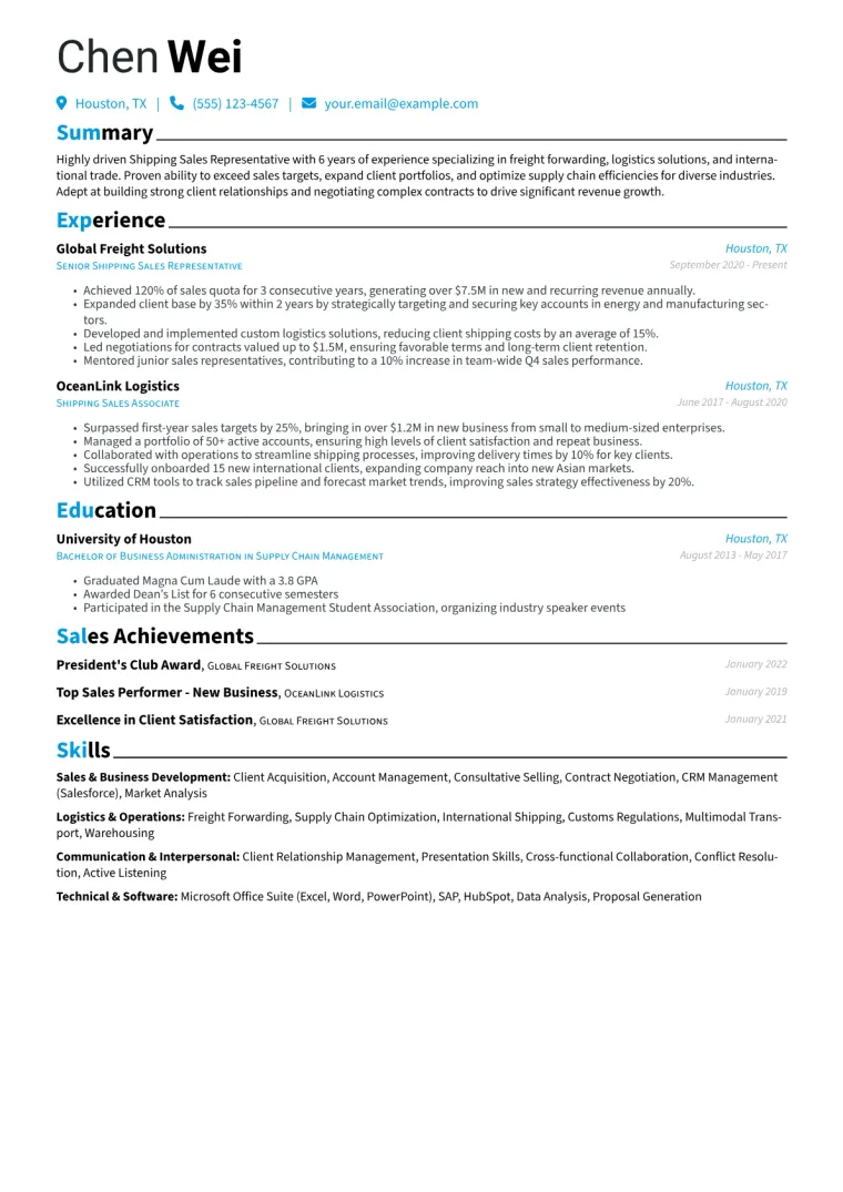Shipping Sales Representative Resume Example CV template preview