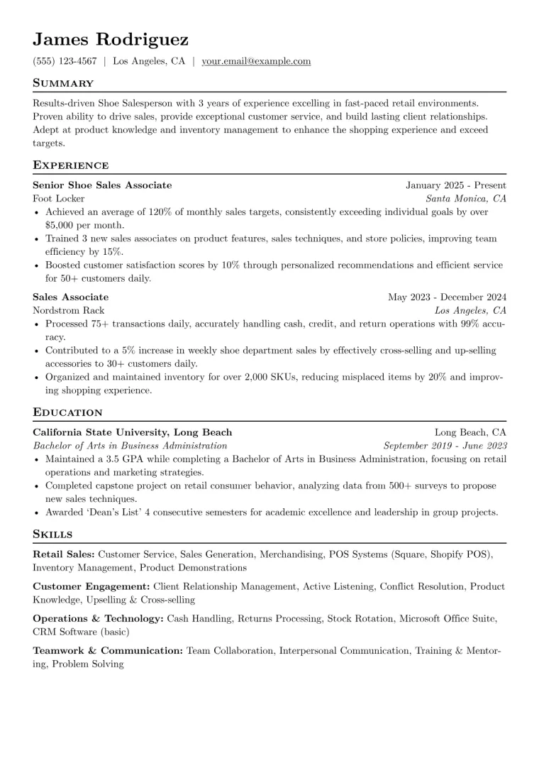 Shoe Salesperson Resume Example CV template preview