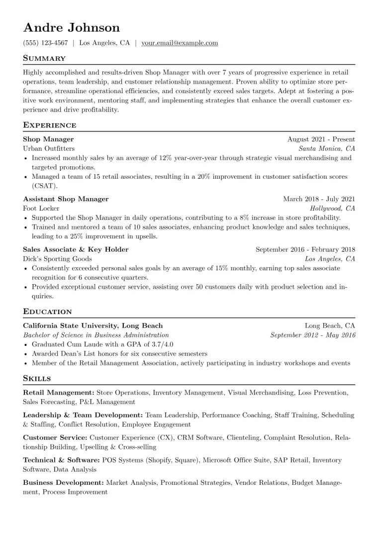 Shop Manager Resume Example CV template preview