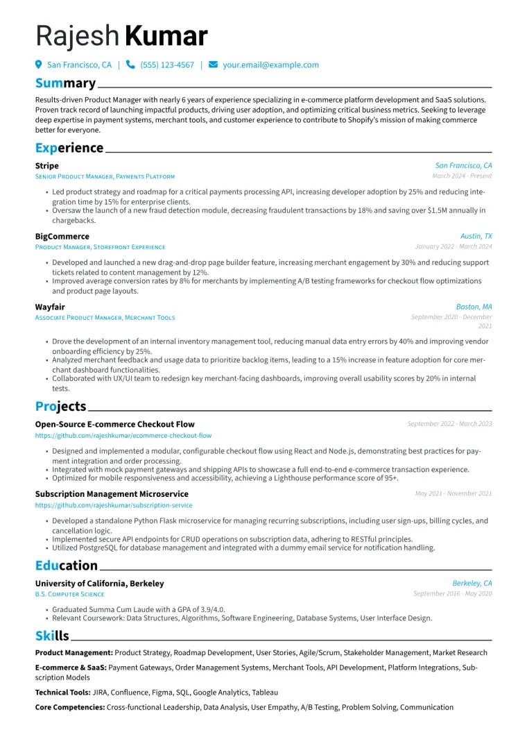 Shopify Resume Example preview
